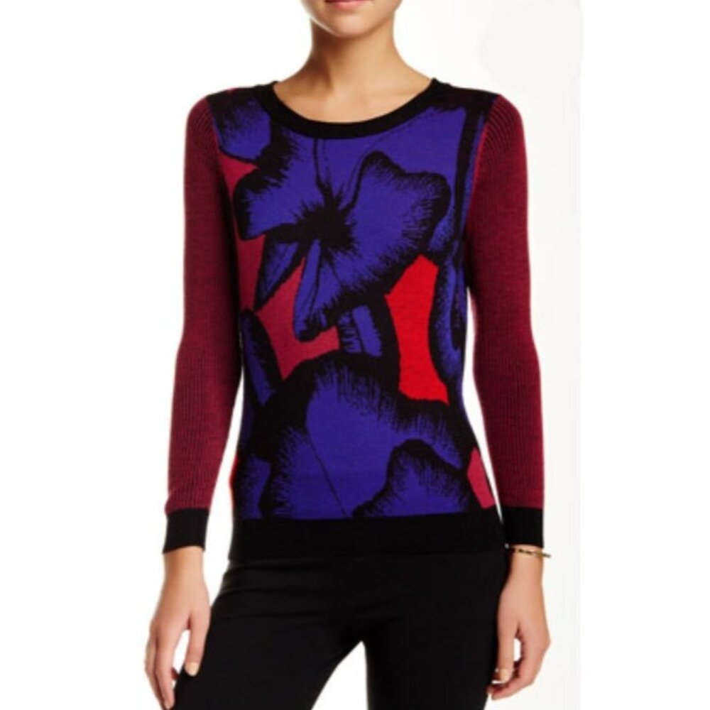 Diane von Furstenberg Womens Sweater M Multicolor Floral Print 100% Wool